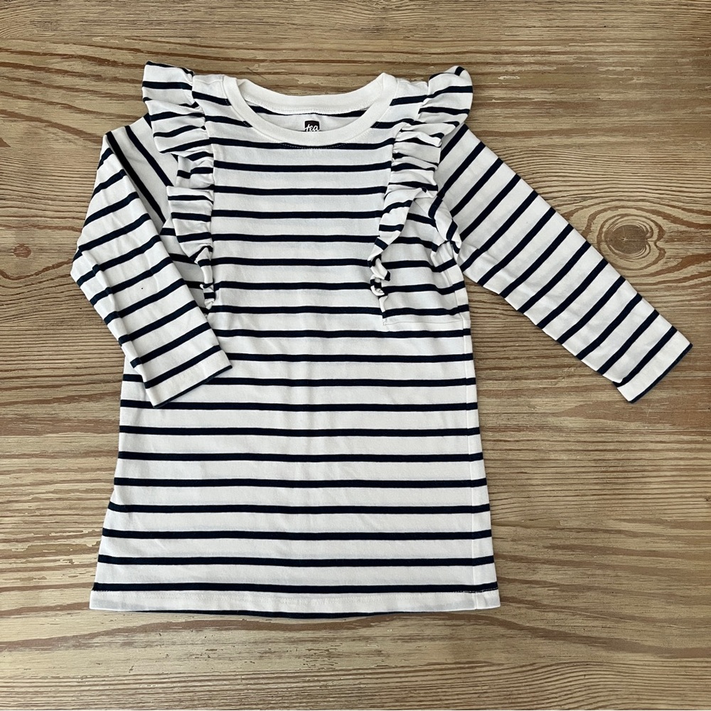 Tea Collection Ruffle Shoulder Striped Navy and White Tunic Dress
